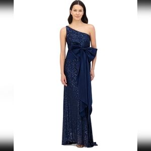 Eliza J One-Shoulder Satin-Bow Sequinned Gown